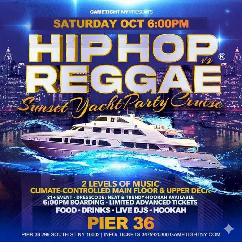 NYC Hip Hop vs Reggae Saturday Sunset Booze Cruise Yacht Party at Pier 36 — event image